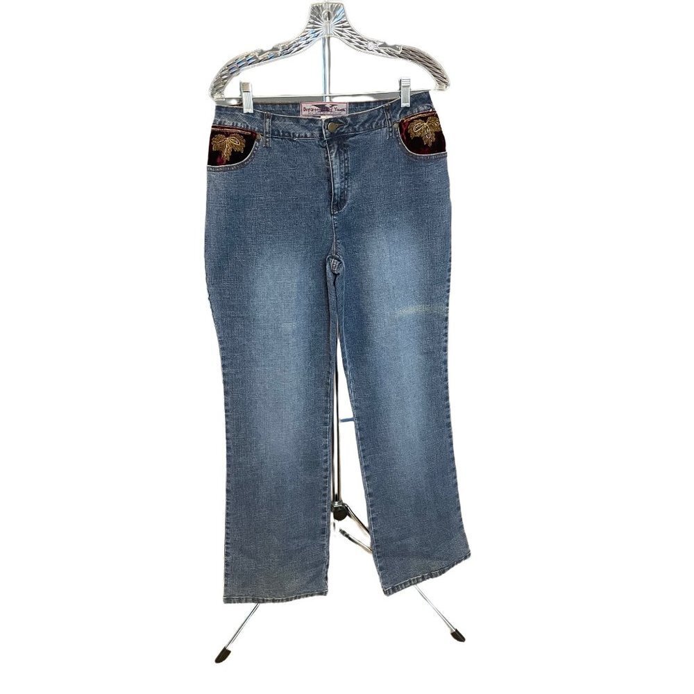Vintage 90s Y2K Mid Rise Bootcut Relaxed Fit Embroidered Pockets Denim Jeans